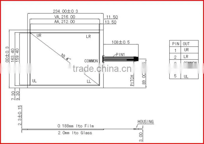 10.4inch 800*600 250nits RGB interface tft lcd touch with 5 wire resistive touch screen