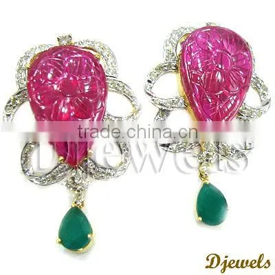 Emerald Diamond Earrings, Diamond Gold Earrings, Gold Jewelry