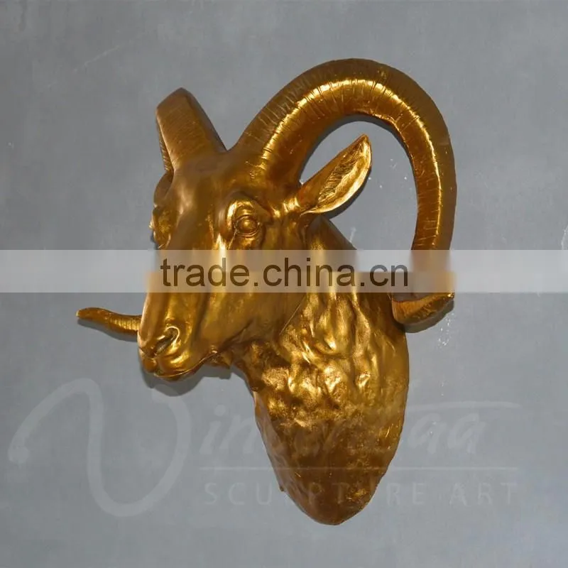 Hiagh quality crafts life fiberglass golden sheep head wall hanging statues for home decor