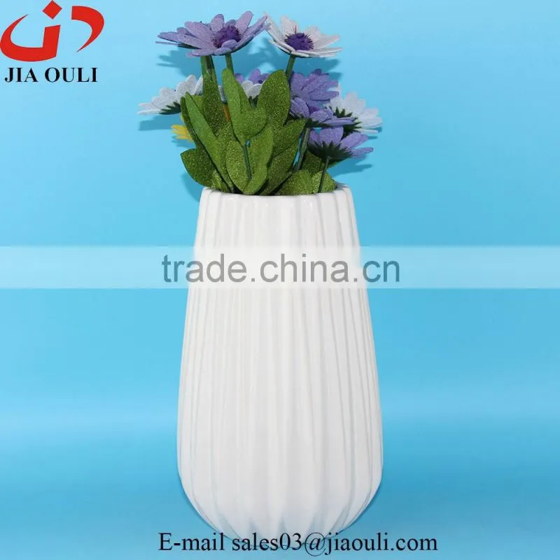 Popular style tall pillar with wood print bottom Ceramic white vase for decoration