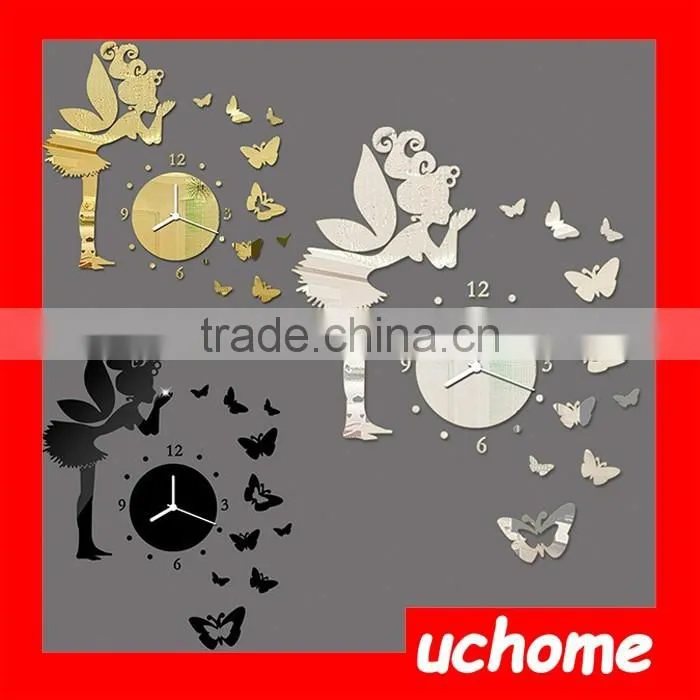 UCHOME Modern Style Butterfly Fairy DIY Mirror Wall Clock Wall Sticker Home Decor Bedroom Living Room