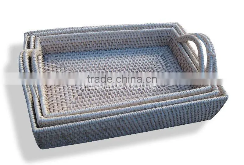Rectangle full rattan tray with handles