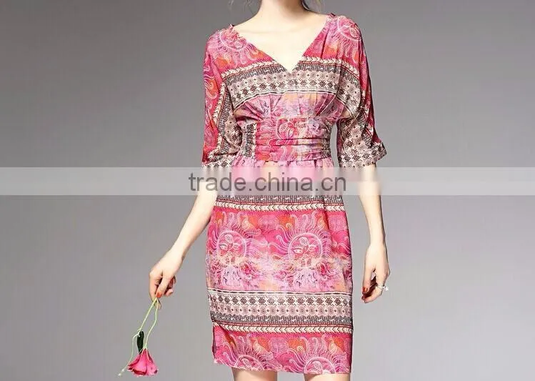 F20045A Europe style women silk dress printed pattern one piece dress