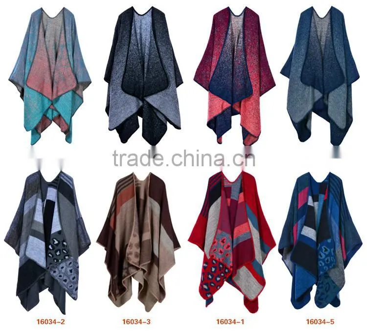 Women Winter Grid Check Tartan Poncho Cape Coat Reversible Scarf Shawl