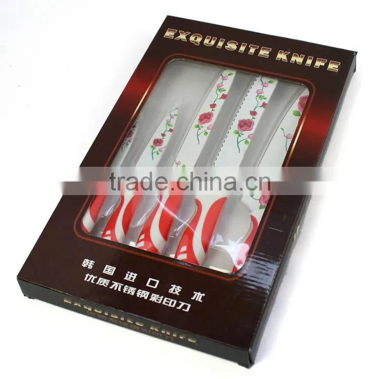 Rose printing multi colorful kitchen knife set