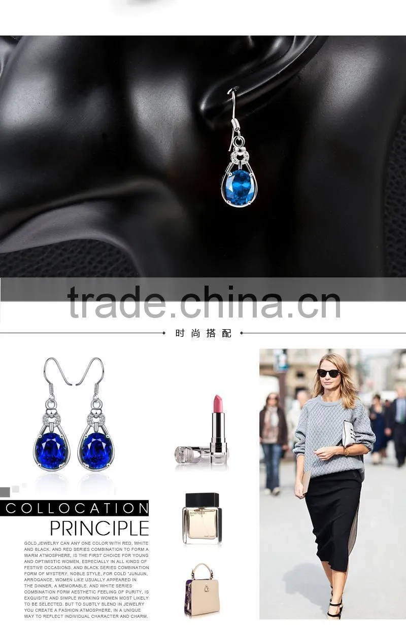 2015 romantic imitation long blue platinum gold plated aaa cubic zircon earrings