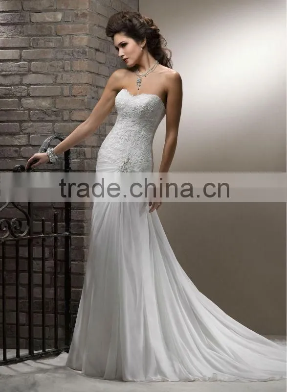 2015 New Custom Made Applique Pleat Crystal Lace Chiffon Beach Wedding Dress