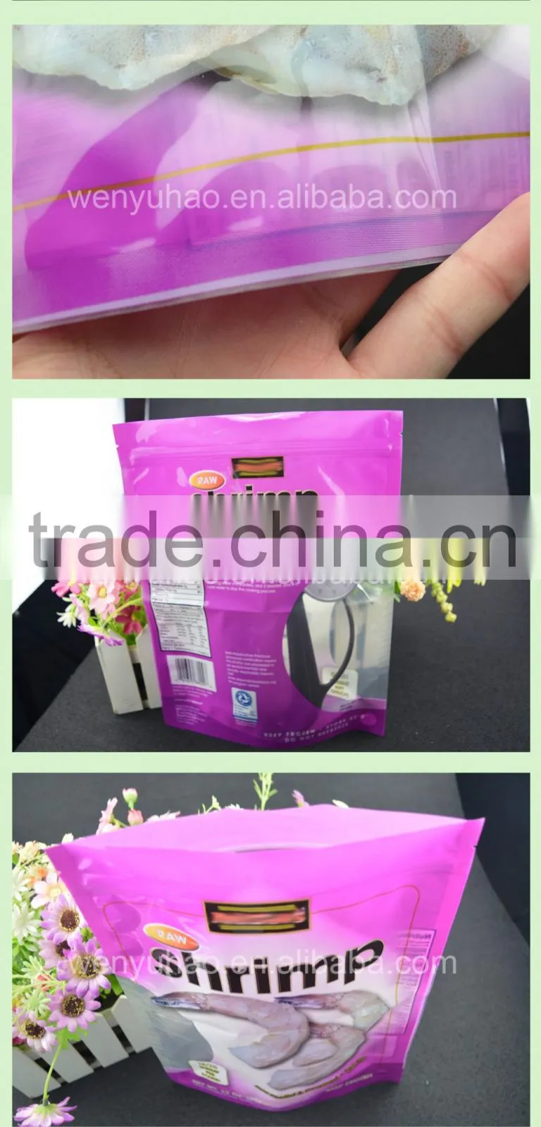 food grade shrimp packing composite zipper plastic bag / vacuum stand up pouch
