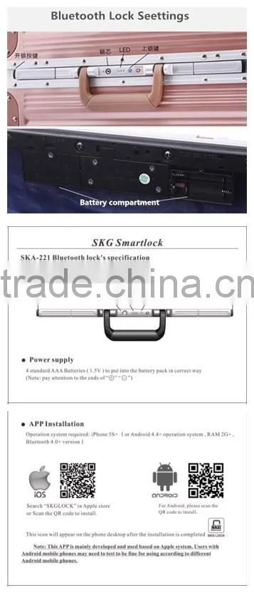 2016 Newest Fashion Smart Bluetooth Lock marrow aluminum frame 360 Universal Wheel luggage /Suitcasee