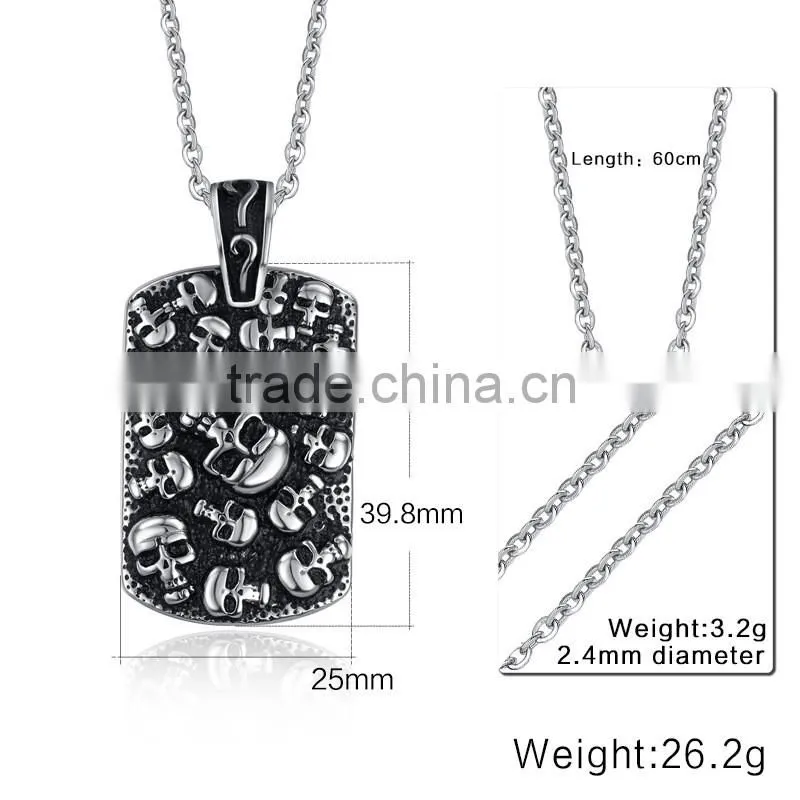 Men's Stainless Steel Gothic Skull Dog Tag Biker Pendant Necklace with 24" Link Chain