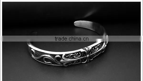 C shape antique silver vintage engraved stainless steel bangles