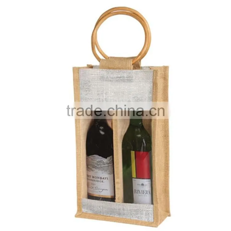 Clear jute bag with window/small jute wine bag with cotton material handle