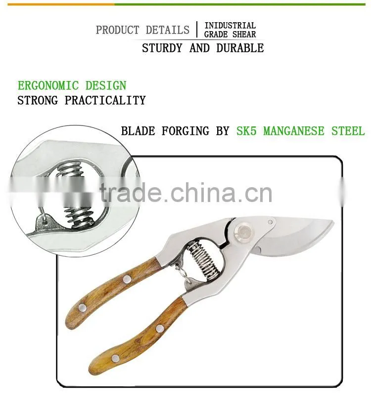 High Quality Polished Stainless Steel Garden Pruning Scissors With wood Grip Handle