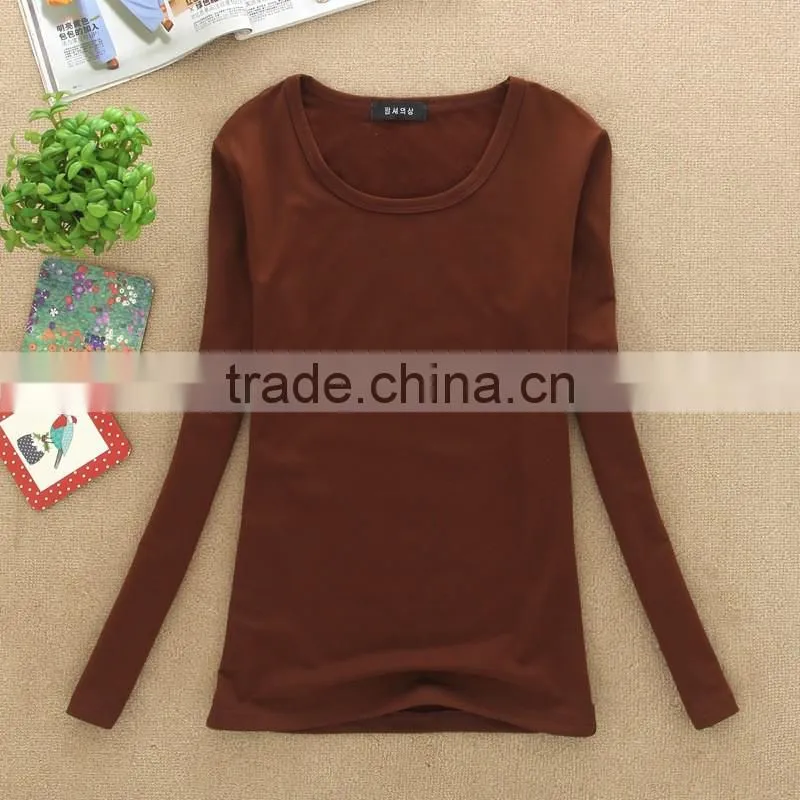 Lady fashion 100%cotton top plain women long sleeve t shirt