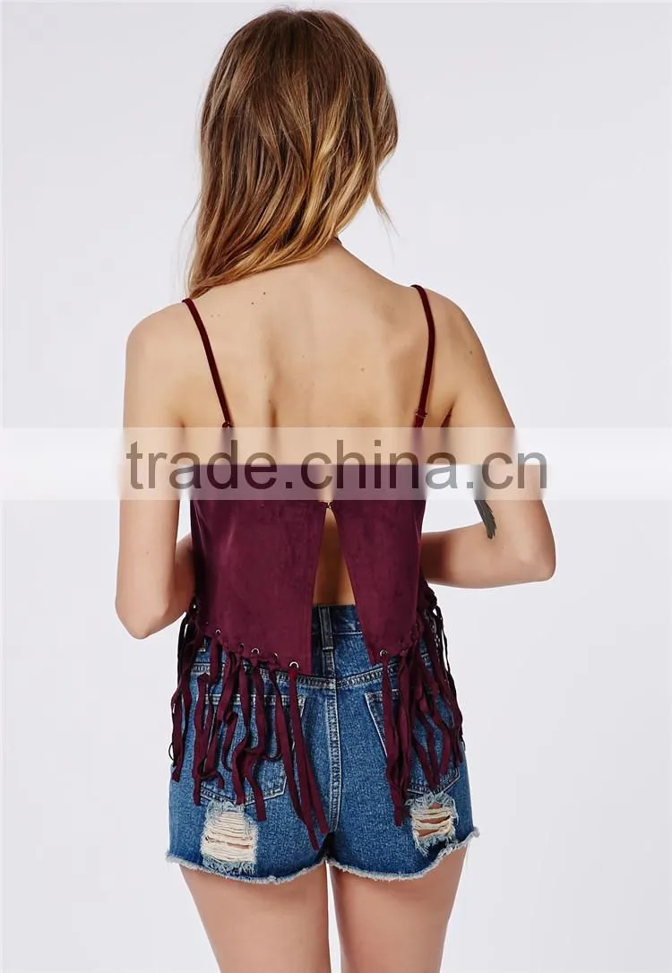 Fringed plain wine red ladies plain crop top, spaghetti strap cami fringed crop top wholesale for ladies.