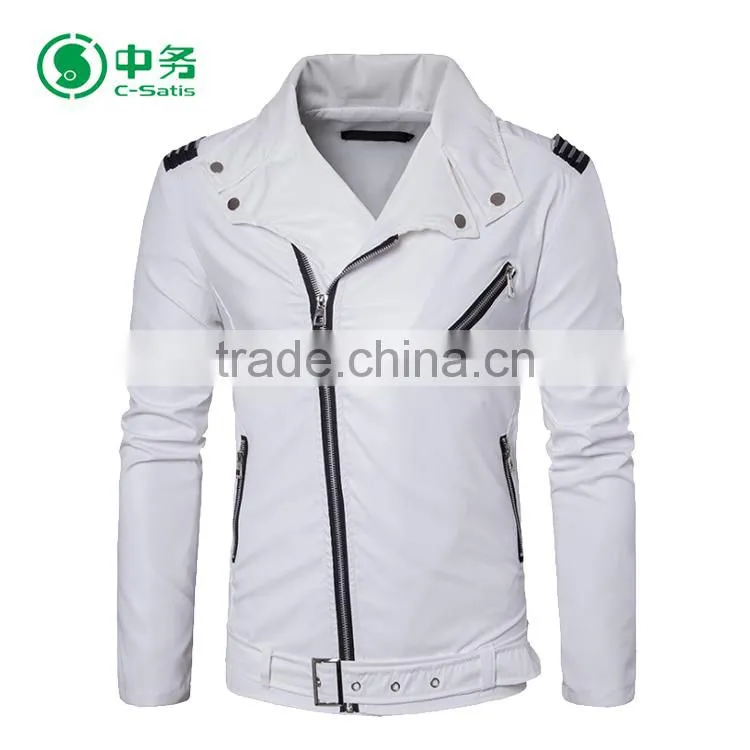 Fashion Style Multi Zippers Windproof Mens White / Red / Black Punk Leather Jacket for Sale