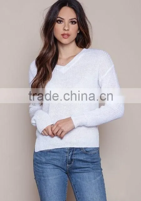 MGOO New Arrival Women V Neck Sweaters Split Long Sleeves Knitted Fast Fashion Tops Plain White Sweaters