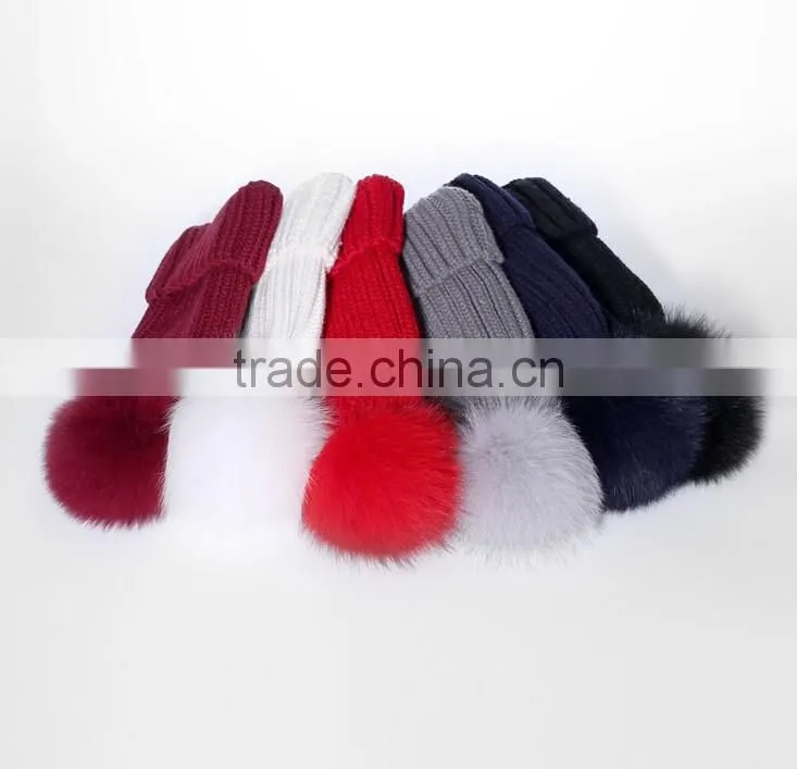 Adult Lady Fox Fur Pom Pom Crochet Warm Black Winter Knitted Hats Cap For Women Perfect Valentine's Day Gift