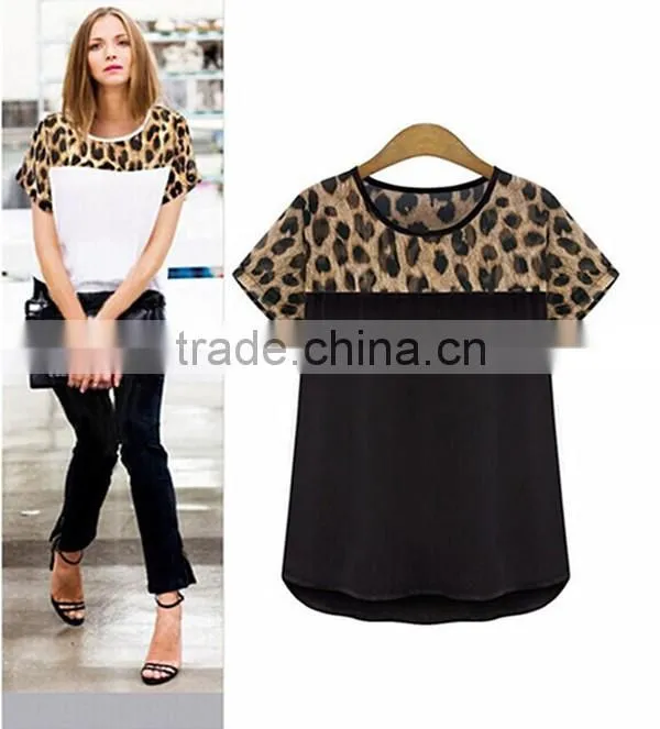 Classic black and white Summer women chiffon leopard stitching clothing plus size,chiffon fabric,t shirt women wear