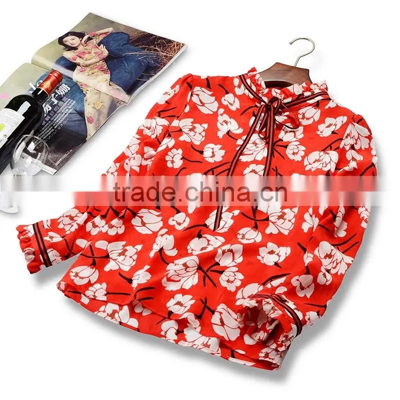 wholesale custom long sleeve silk blouse printing red floral high-necked daily top for ladies summer Blouse