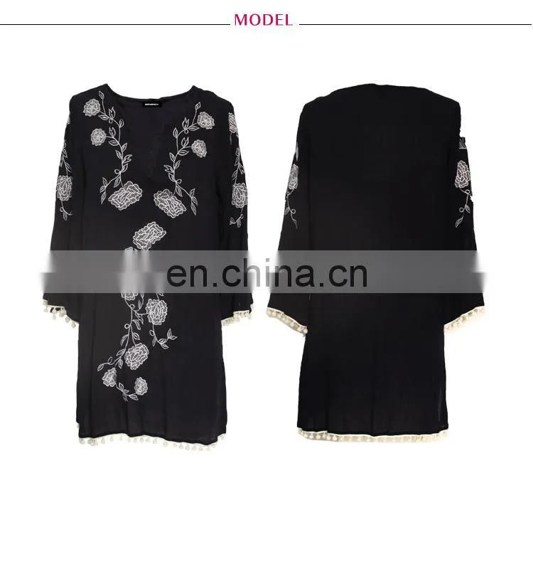 Long Flare Sleeve Contrast Embroidery Ladies Tunic Blouse With Ponpon