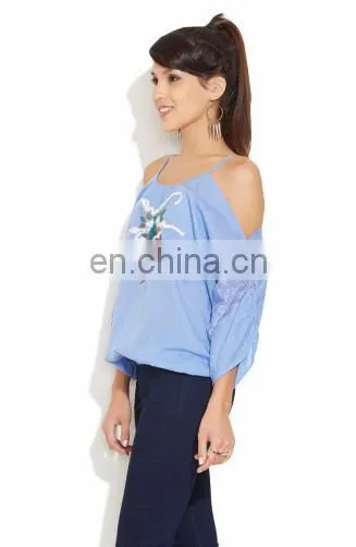 OEM Manufacturer Latest Designed Off Shoulder Embroidered & Sequence Work Elegant Indian Fashion Women Tunic Blouse/Blusas Dress