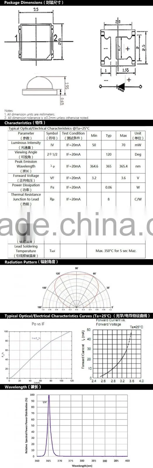 Ultraviolet Light Source SMD 2835 UV LED with 0.06W and 365nm for uv printing