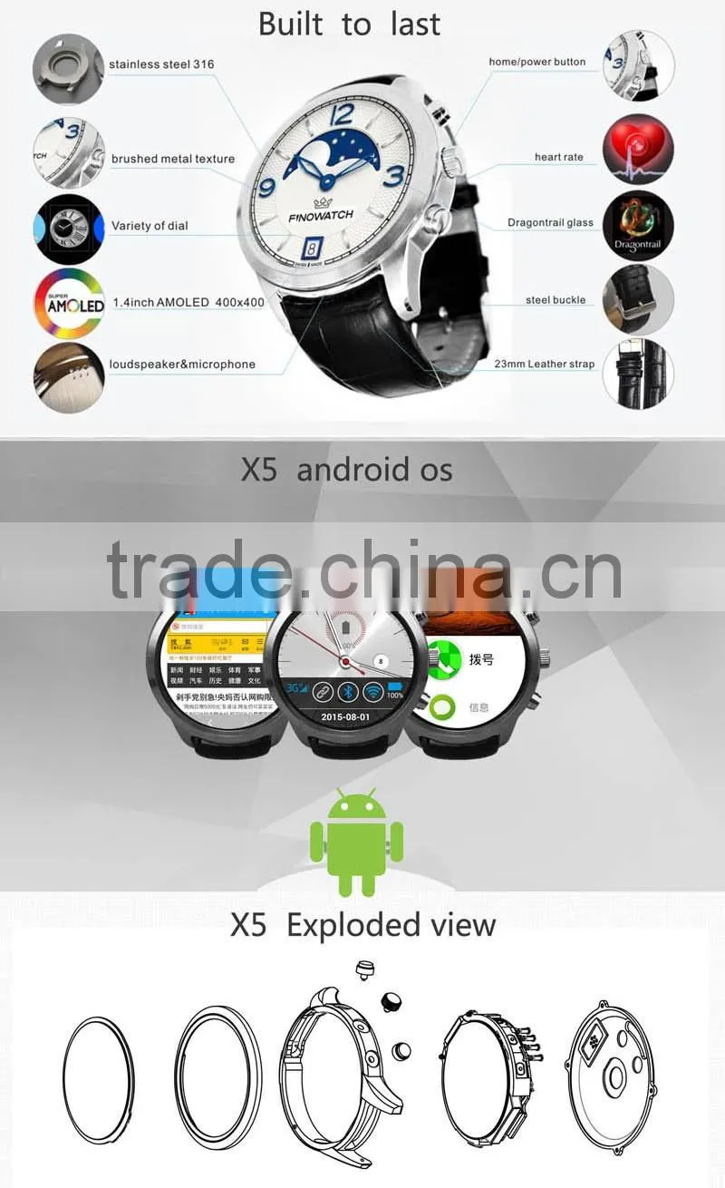 X5 Amoled screen 1.4" dual bluetooth 2.1/4.0 android 4.4 OS MTK6572 low cost 3G smartwatch
