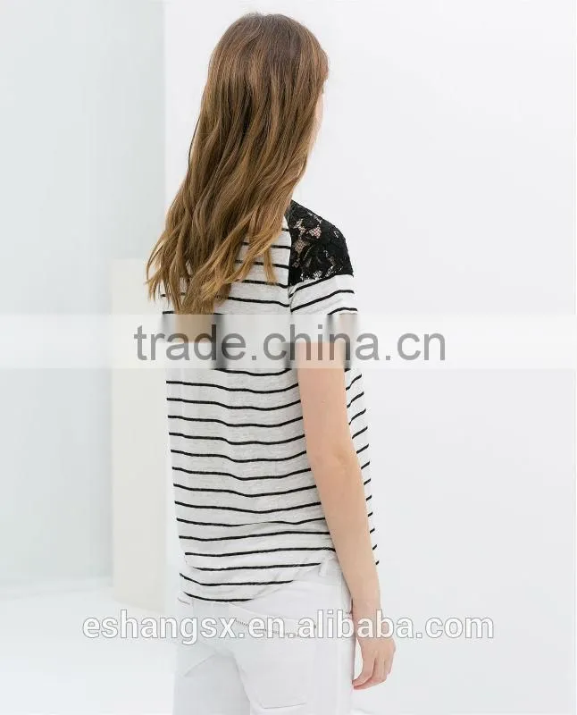 Ladies striped linen with lace fancy t-shirts