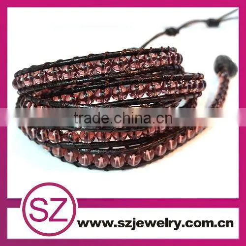 2013 fashion jewelry 5 wrap gemstone bead leather bracelet