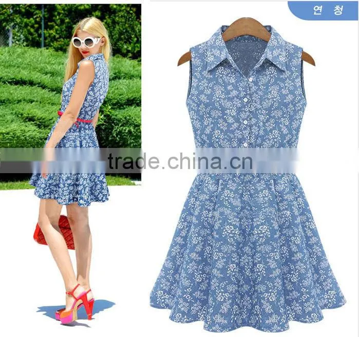 2014 new design Denim Floral Print Sleeveless Dress , Polo Collar Dress