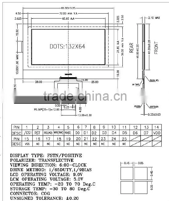13264 COG module display, fpc transflective lcd screen