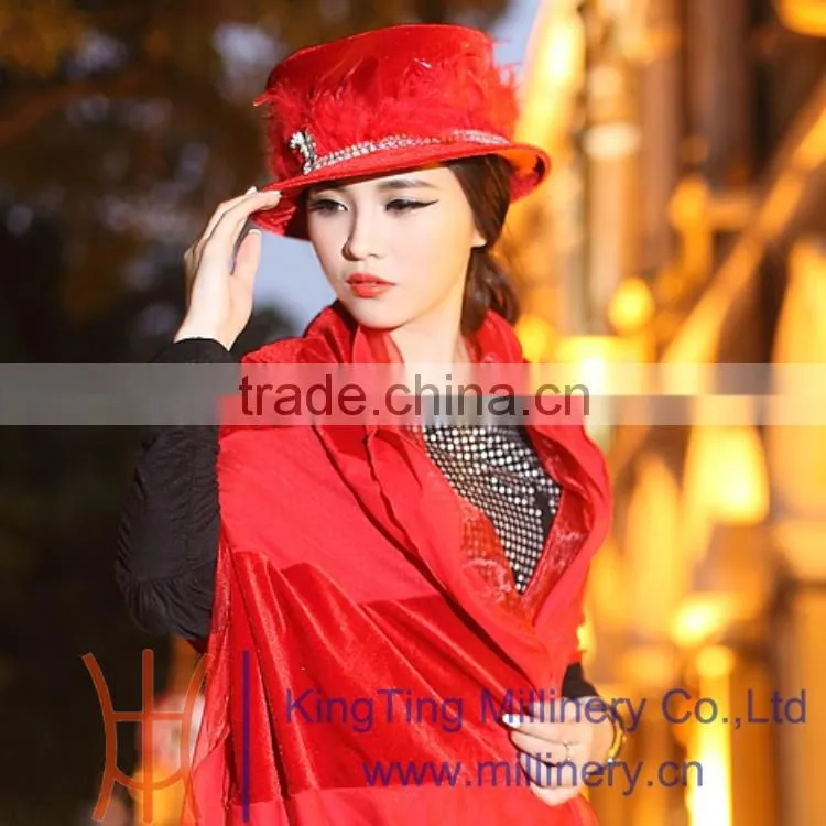 Ladies Red Fancy Church Hat Elegant Feather Hat Winter Velvet Hat Party Hat