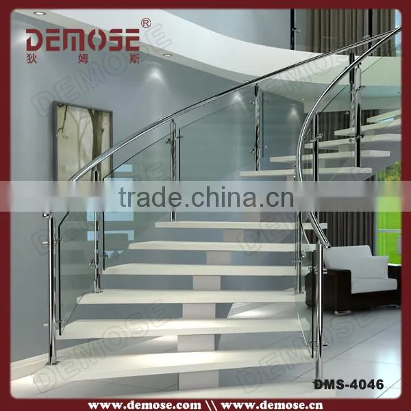 curved wood stair with glass railings for sale