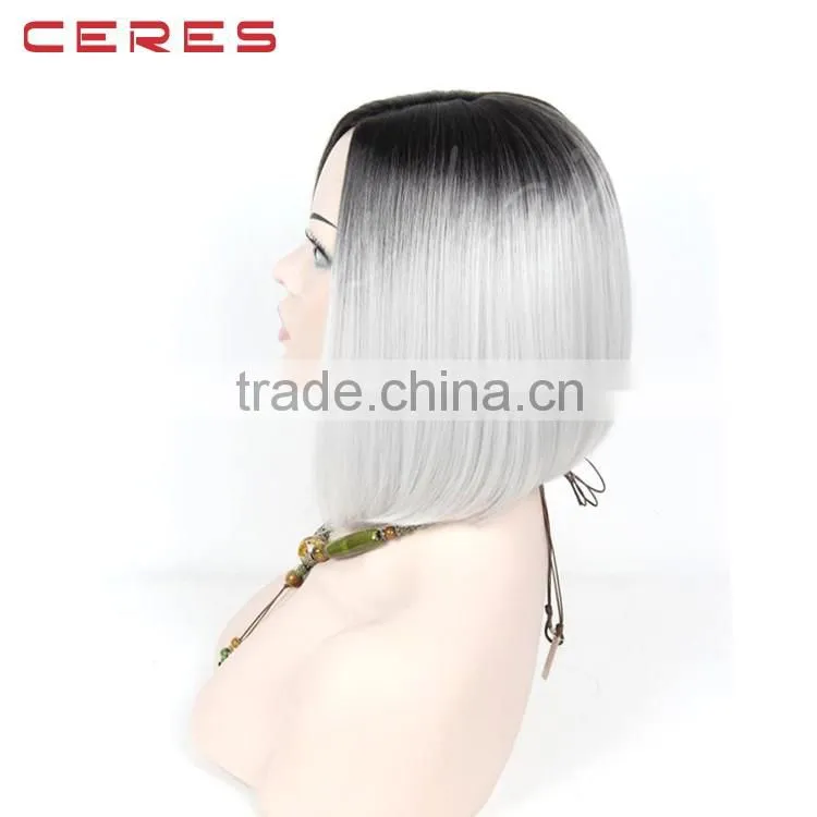 Short Style Grey Hair Wig Straight Black Root Gray Ombre Synthetic Bob Lace Front Wigs for Women