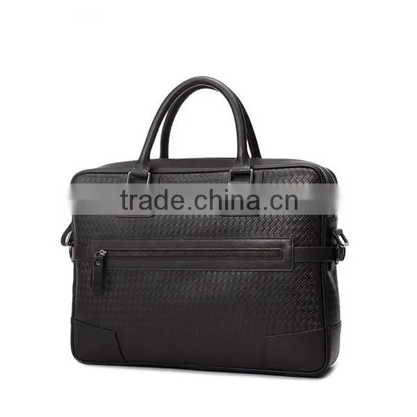 Hot Sell Italian Trendy Men Coffee Weaving Pattern Top Layer Leather 14 inch Laptop Briefcase Shoulder Bag