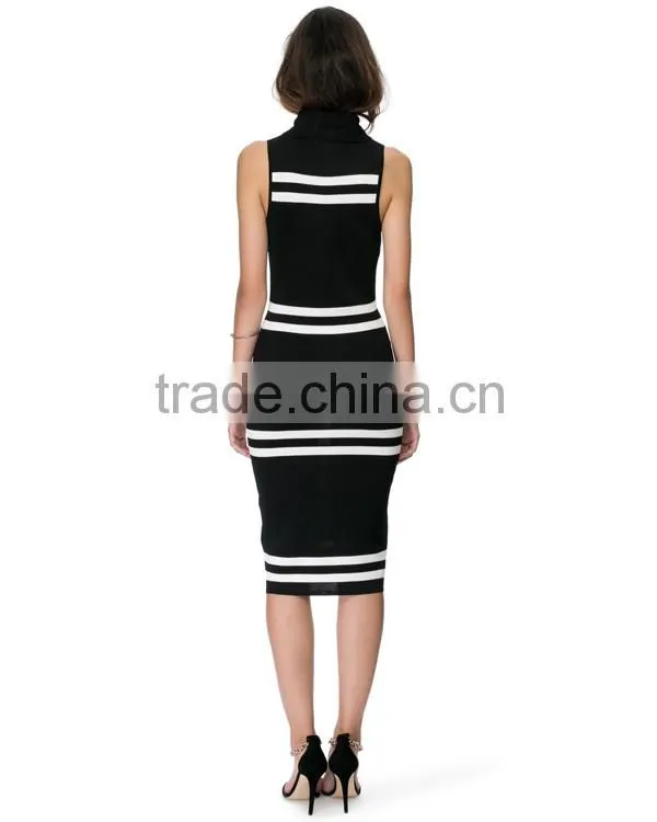 2015 black and white stripes midi dress ribbed neck line fashion woman dress