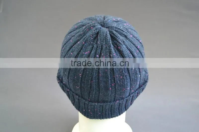 Acrylic beanie hat with PU leather patch logo