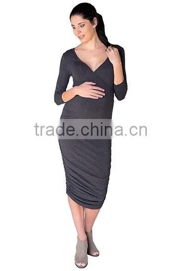 Grey pregnant women maternity crossover dress,Nursing dress, maternity clothes