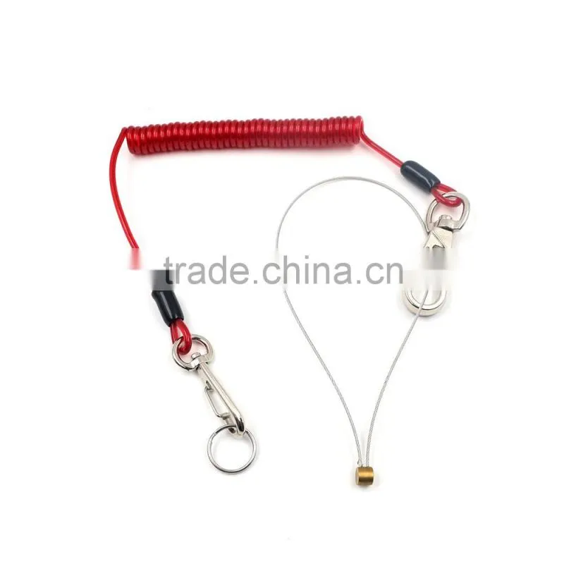 spiral cord wire tool holder lanyard with carabiner and key ring on two ends