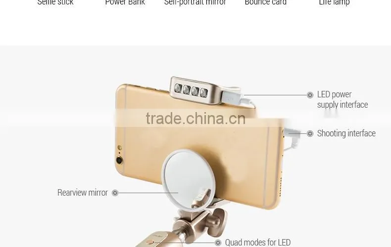 2016 Profession Design Enhancing Light Selfie Stick with Power Bank Portable Monopod with Mirror