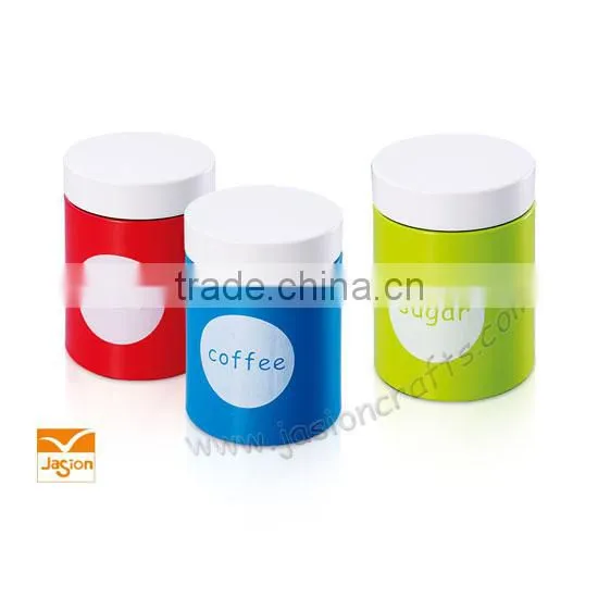 SET OF 3 BLUE METAL CANNISTERS - TEA, COFFEE & SUGAR