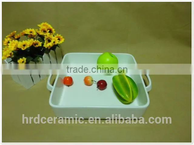 Customized logo rectangular white ceramic bakeware with handles