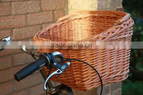 natural colored trapezoid shaped wicker bicycle bike basket with swing handle
