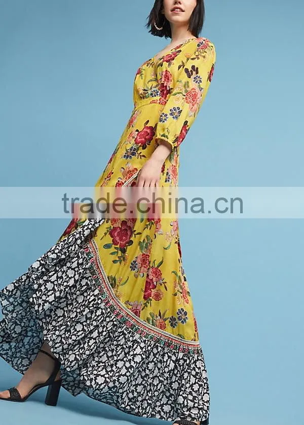 Vibrant Colors Embedded Vintage Long Sleeve Floral Maxi Dress Western Frock Designs For Ladies HSd5158