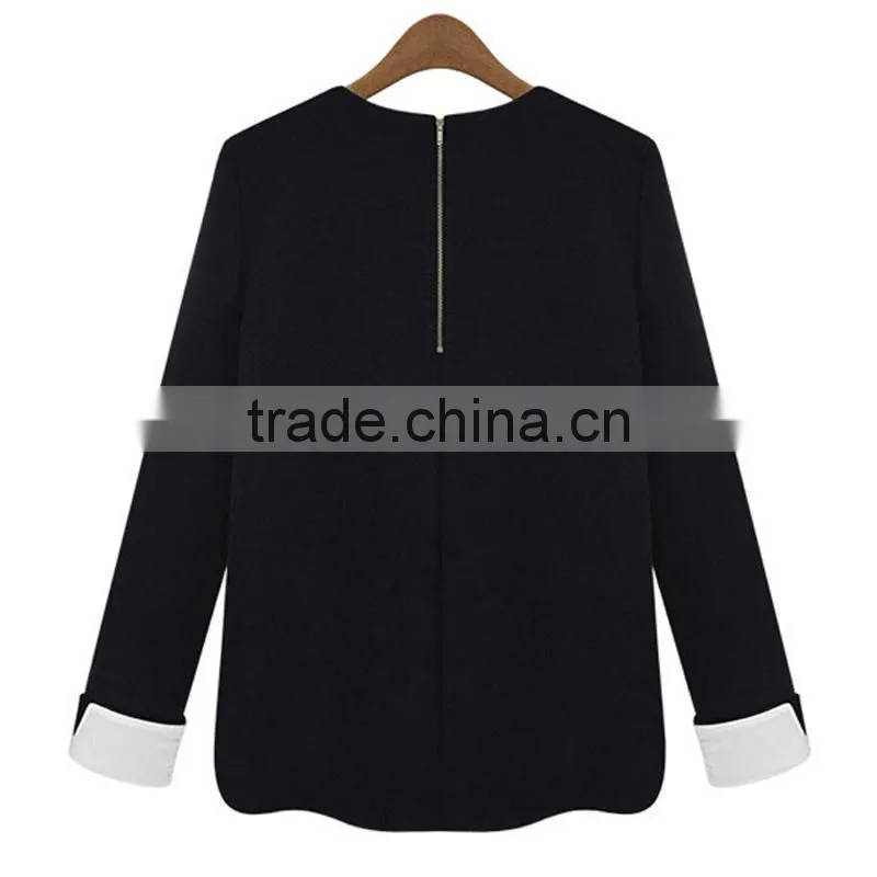 autumn Fashion simple style contrast color straight fit knitted casual wear back zipper ladies blouse designs 2015