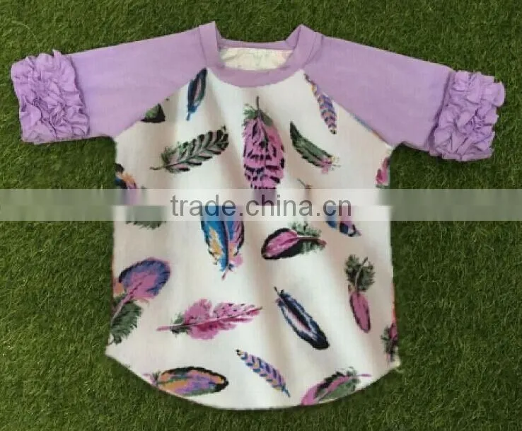 2016 boutique baby clothing feather baby frock design raglan shirt 3/4 sleeve baby girls clothes
