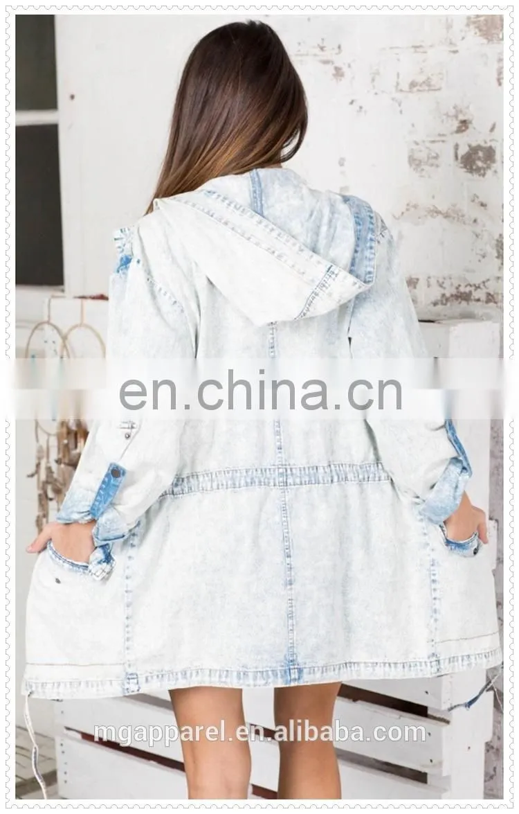 High quality OEM garment oversized casual light blue women trench coat with hood