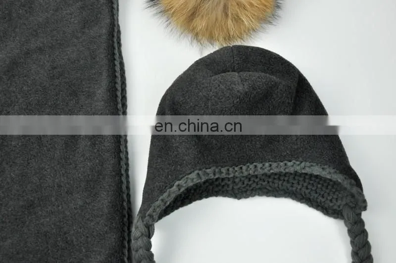 Kids Customized Design Wool Collar Raccoon Fur Pom Cashmere Knitted Hat and Scarf