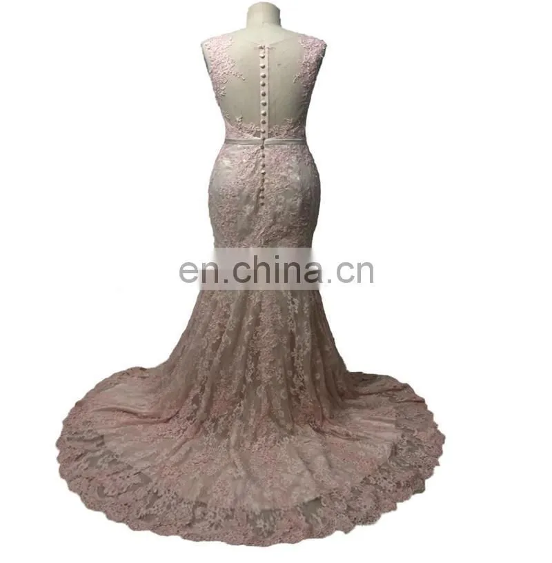Custom Made Pink Exquisite Sleeveless V Neck Buttons Sweep Train Backless Ruffle Lace Zipper Peplum Women Prom Dress